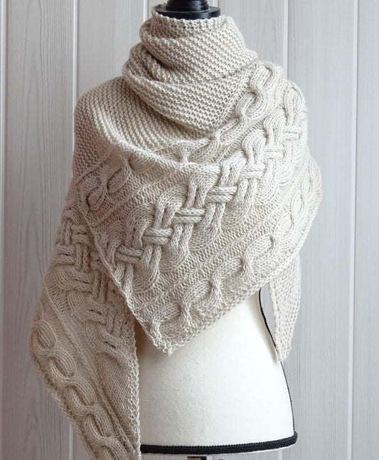 Becca asymmetrical cables shawl knitting pattern
