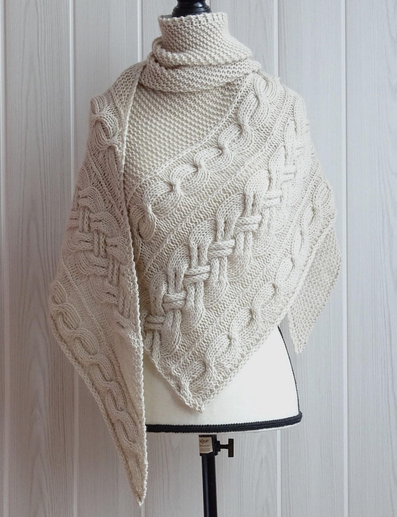 Becca asymmetrical cables shawl knitting pattern