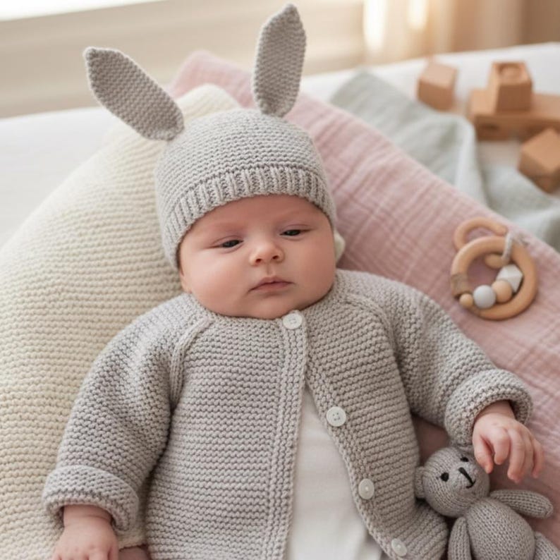 Easter Baby Bunny Knitting Pattern Cardigan & Hat