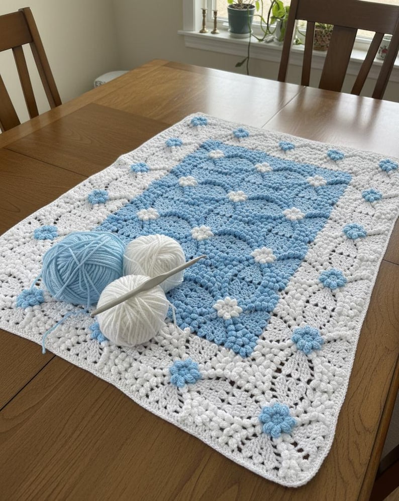 crochet flowers blanket blue and white afghan pattern