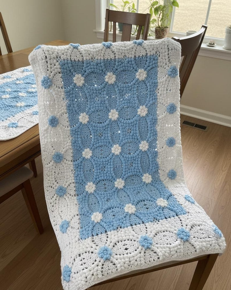 crochet flowers blanket blue and white afghan pattern